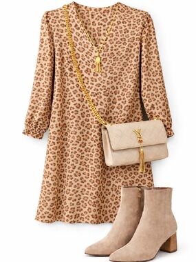 Leopard Print Long Sleeve Shift Dress - Brown & Black
